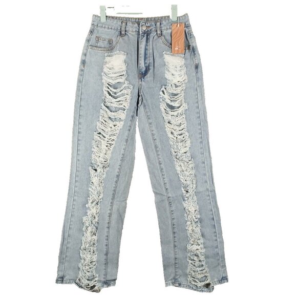 SHEIN Denim - NWT SHEIN Wide Leg Hi-Rise Distressed Jeans Waist 26" Stone Wash Cotton Twill